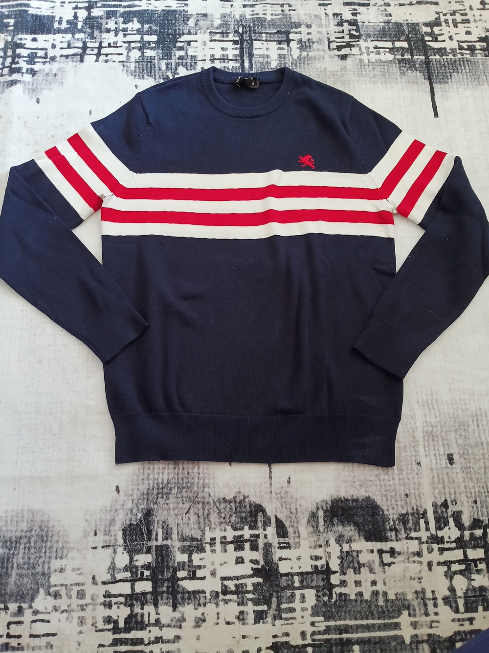 Express Navy Crewneck with White and Red Stripes